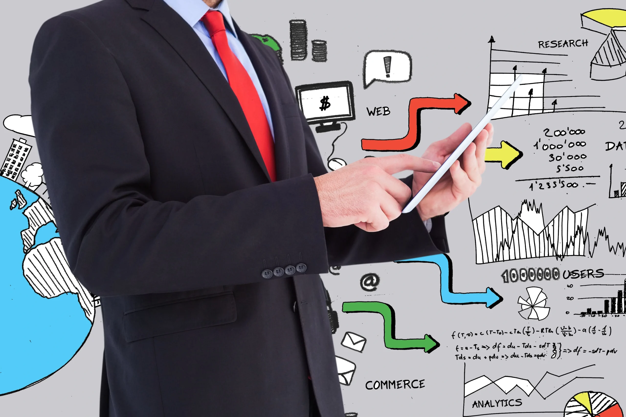 Elegant businessman with tablet background graphics min 1 scaled